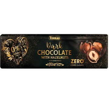 Шоколад TORRAS Zero, Чорний з ФУНДУКОМ, Dark Chocolate with HAZELNUTS, (без цукру, без глютену), 300 г. (14)