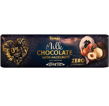 Шоколад TORRAS Zero, Молочний з ФУНДУКОМ, Milk Chocolate with HAZELNUTS, (без цукру, без глютену), 300 г. (14)
