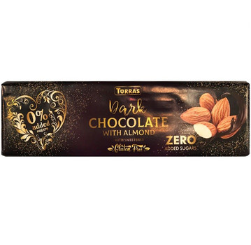 Шоколад TORRAS Zero, Чорний з МИГДАЛЕМ, Dark Chocolate with ALMOND, (без цукру, без глютену), 300 г. (14)
