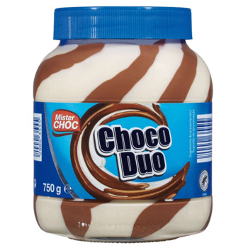 Шоколадна паста Mister CHOC, Choco Duo, шоколадно-молочна з горіхом, 750г (смугаста)