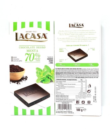 Шоколад Lacasa чорний 70% з мятою, без глютену, 100 г (151601)