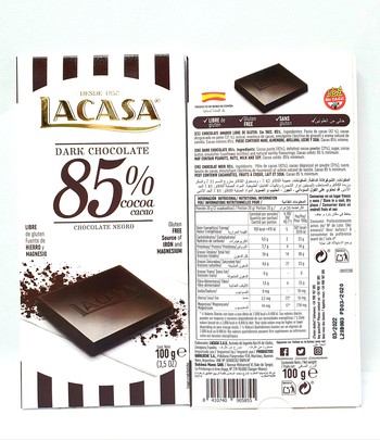 Шоколад Lacasa екстра чорний 85% без глютену, 100 г (1515EX)