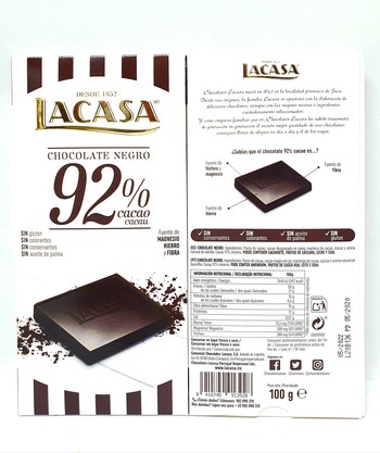 Шоколад Lacasa екстра чорний 92% без глютену, 100 г (151900)