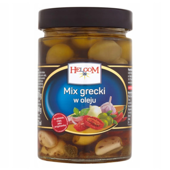 Мікс грецький в олії (оливки зелені, маслини, помідор вяленний, цибуля маринована, часник маринований, паприка, каперси), HELCOM, 327 мл.