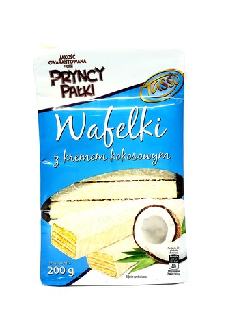 Вафлі Tasso з кокосовим кремом в білому шоколаді, (Pryncy Palki) 200 г