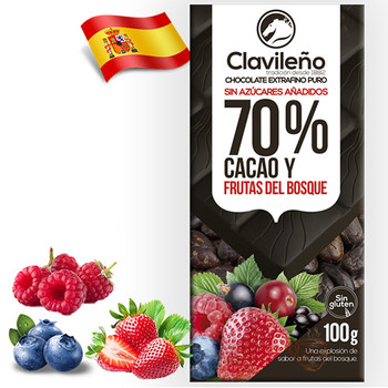Шоколад екстра чорний 70% з лісовими ягодами, без цукру (Стевія), Clavileno 70% Cacao Y Frutas Del Bosque 100 г
