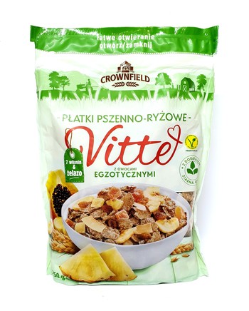 Пластівці Пшенично-рисові Crownfield Vitte з Екзотичними фруктами ( 7 вітамінів+залізо) з додаванням зерен вівса, 250 г
