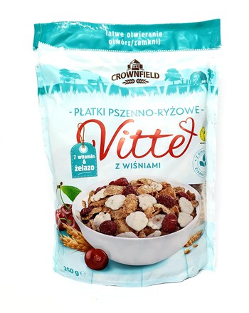 Пластівці Пшенично-рисові Crownfield Vitte з Вишнею та білим шоколадом ( 7 вітамінів+залізо) з додаванням зерен вівса, 250 г