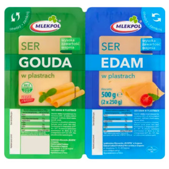 Сир MLEKPOL Gouda + Edam 500 г. (2х250 г. нарізаний)