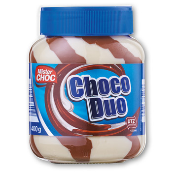 Шоколадна паста Mister CHOC, Choco Duo, шоколадно-молочна з горіхом, 400 г (смугаста)