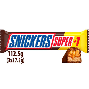 Батончик Snickers Super+1 зі смаженим арахісом, карамеллю і нугою, вкритий молочним шоколадом, 112.5 г (3х37,5 г)