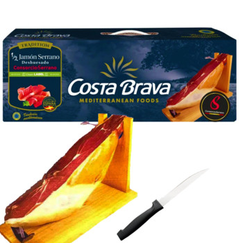 Хамон без Кістки в Подарунковій Коробці, Costa Brava Jamon Serrano (набір з підставкою-дошкою хамонейро та ножем), 2,750 кг