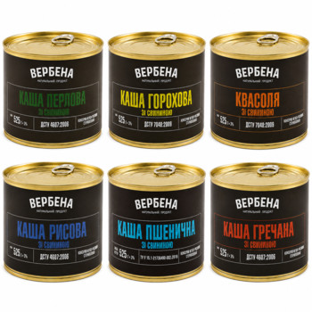 Набір Консервованих Каш зі Свининою Вербена 6×525 г (Перлова, Горохова, Рисова, Пшенична, Гречана та Квасоля)