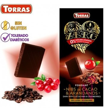Шоколад Torras zero, Dark witz cocoa nibs Cranberries, без глютену, 125 г