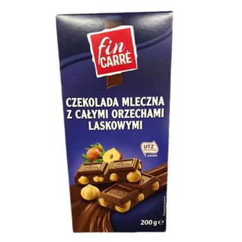 Молочний шоколад з  цільним фундуком, Fin Carre, Czekolada Mleczna z Calymi Orzechami Laskowymy, 200 г